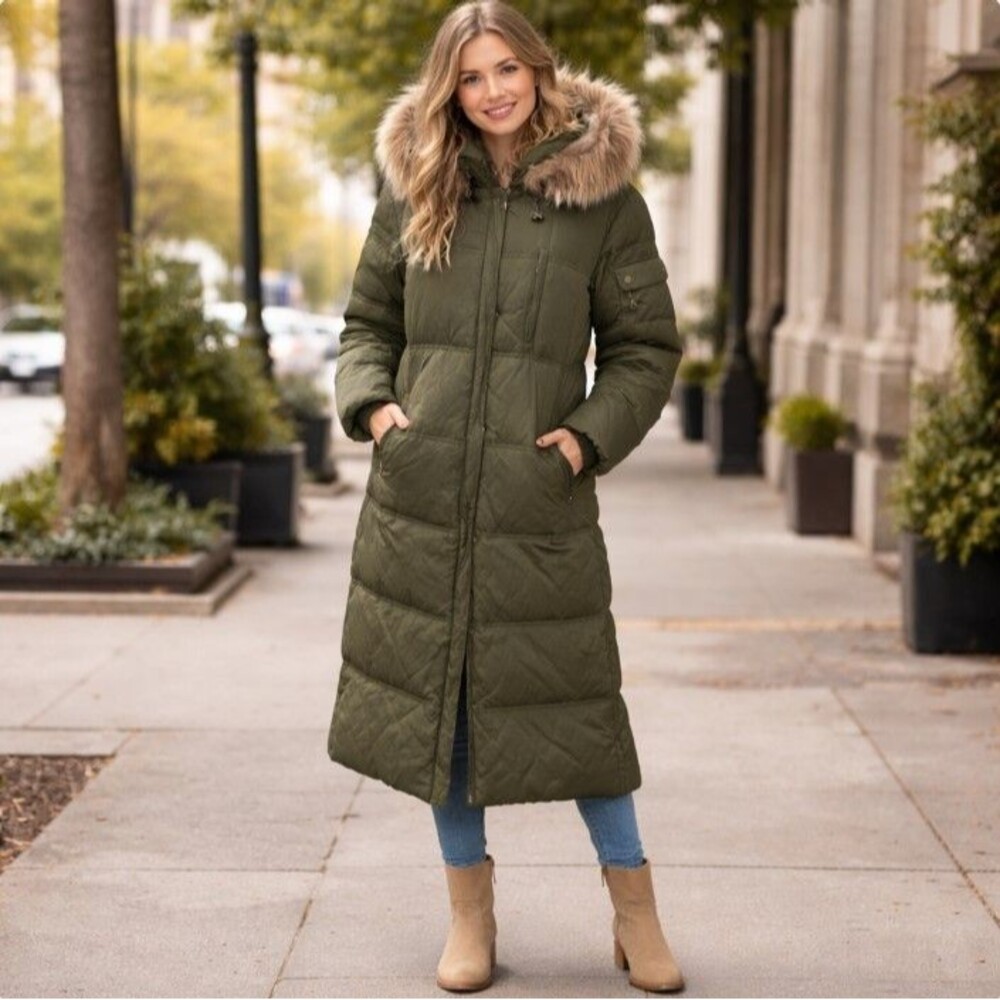 DKNY Womens Olive Down Puffer Coat Raccoon Fur Trim Hood Winter Jacket L